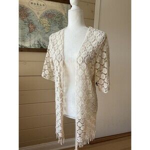 REBELLION Boho Crochet Fringe Kimono Ivory Boho Beach Vacation Resort